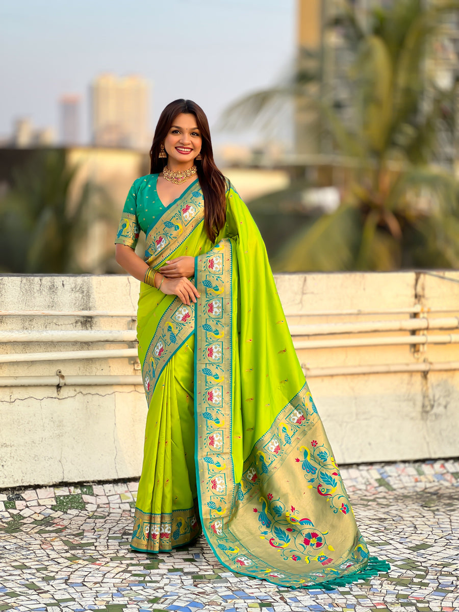 Parrot Green Soft Silk Swan Rajhans Paithani Saree