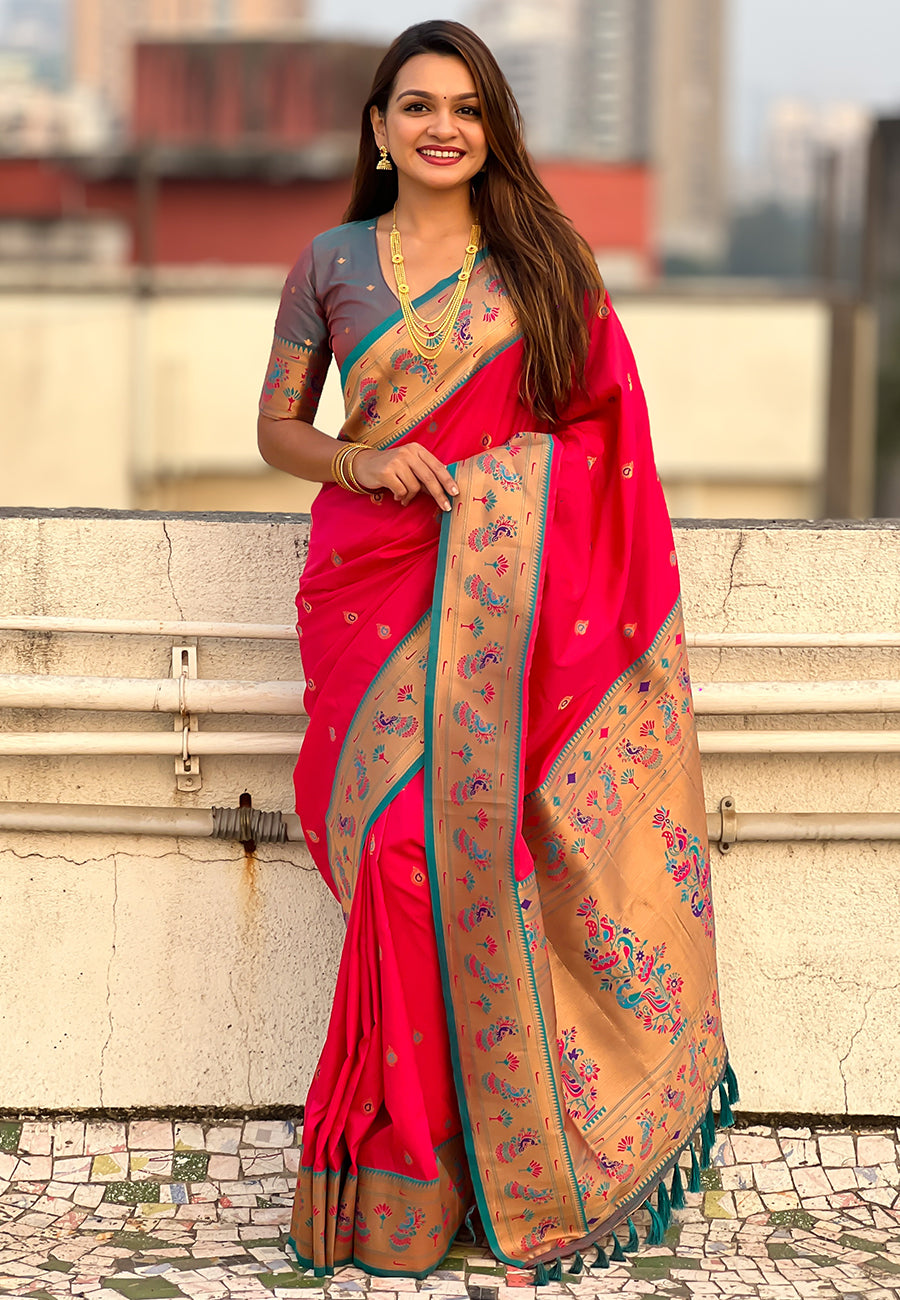 Pink Zari Woven Tiny Nath Meenakari Contrast Yeola Paithani Silk Saree