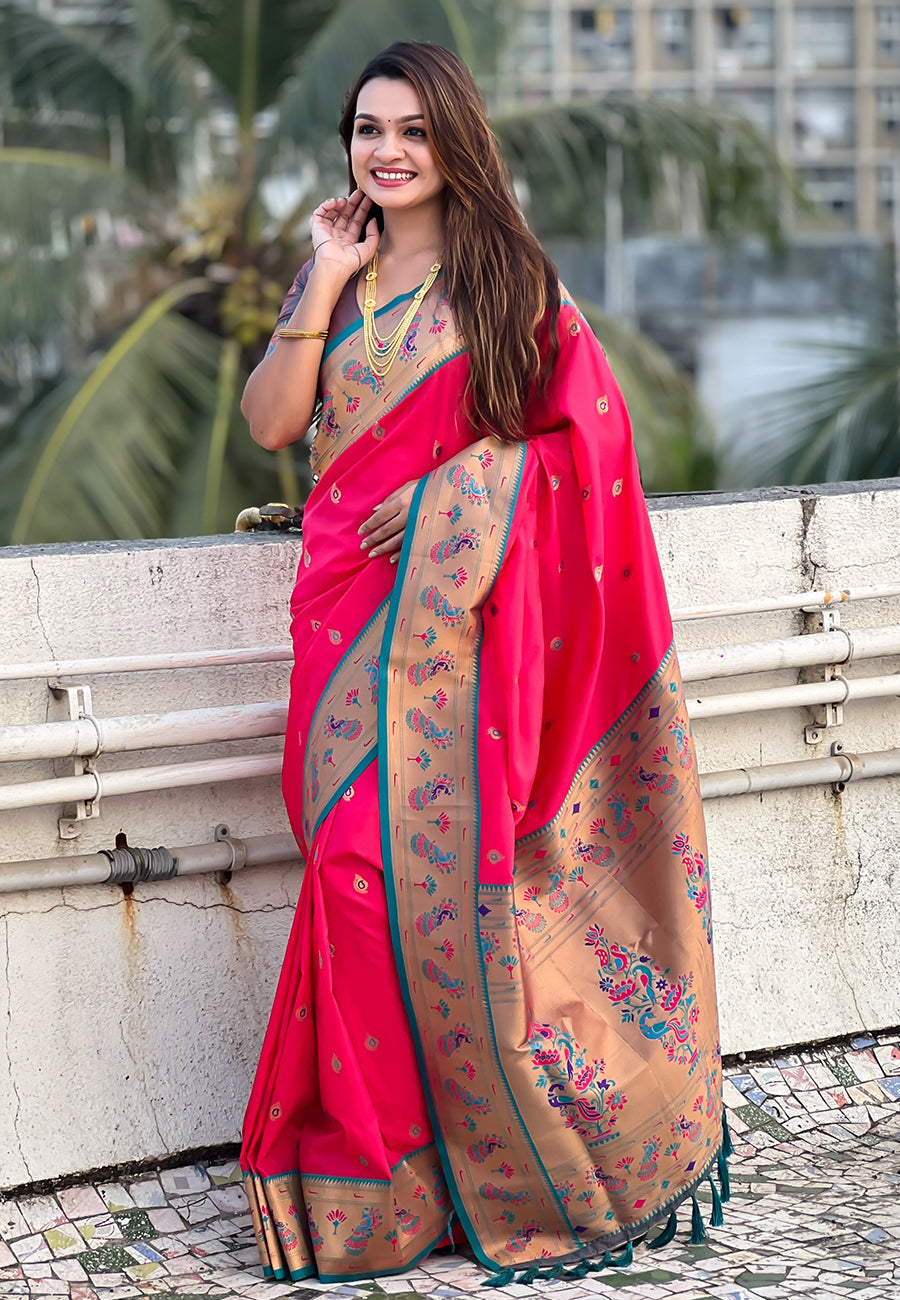 Pink Zari Woven Tiny Nath Meenakari Contrast Yeola Paithani Silk Saree
