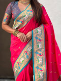 Pink Soft Silk Swan Rajhans Paithani Saree