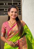 Parrot Green Zari Woven Tiny Nath Meenakari Contrast Yeola Paithani Silk Saree