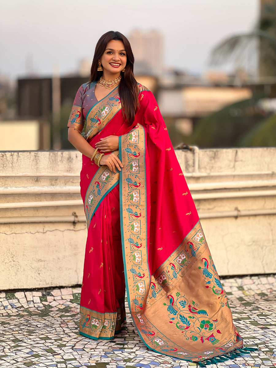 Pink Soft Silk Swan Rajhans Paithani Saree