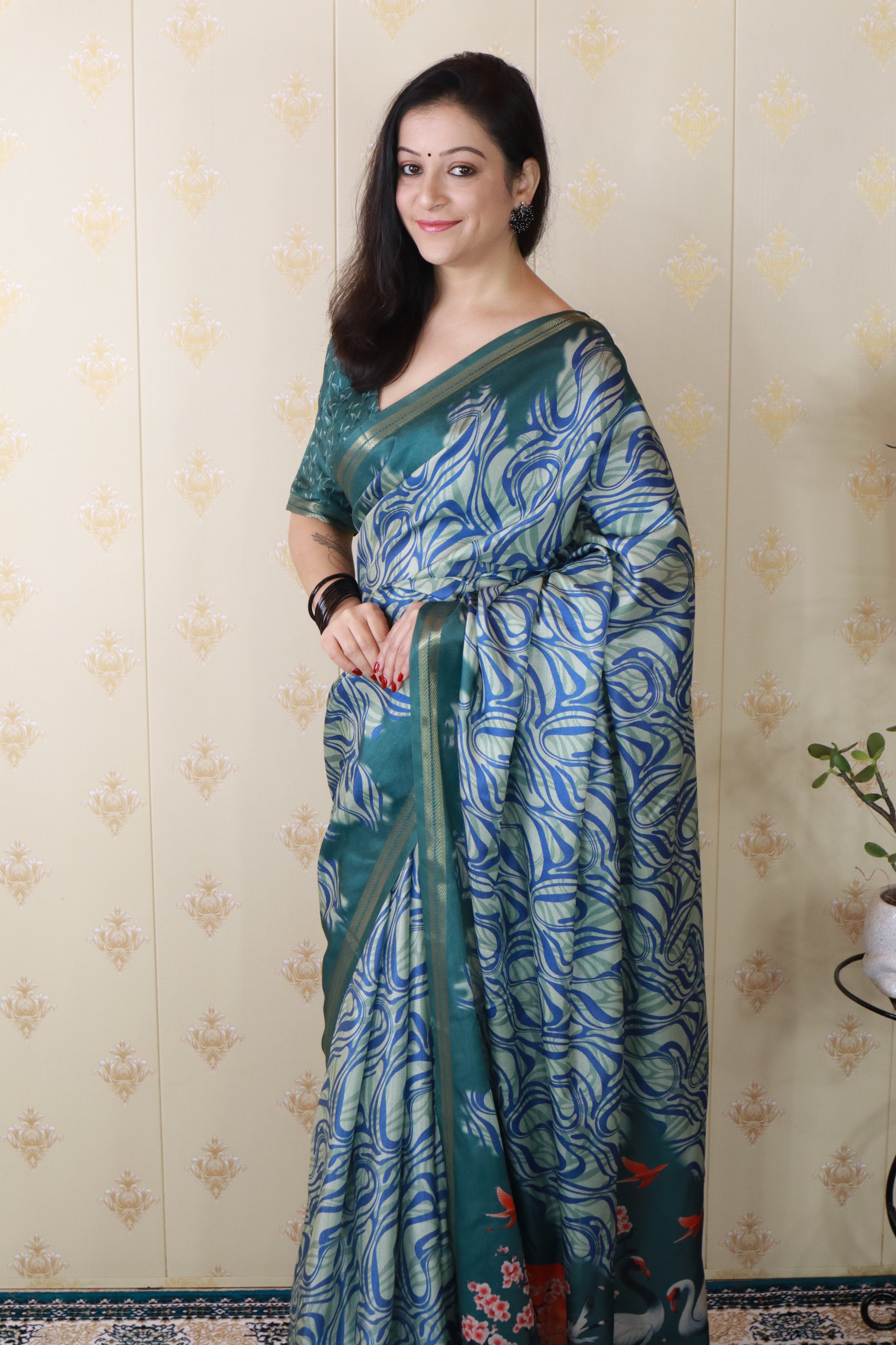 Blue Soft Tussar Silk Abstract Party Wear Printed Zari Woven Saree