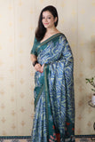 Blue Soft Tussar Silk Abstract Party Wear Printed Zari Woven Saree