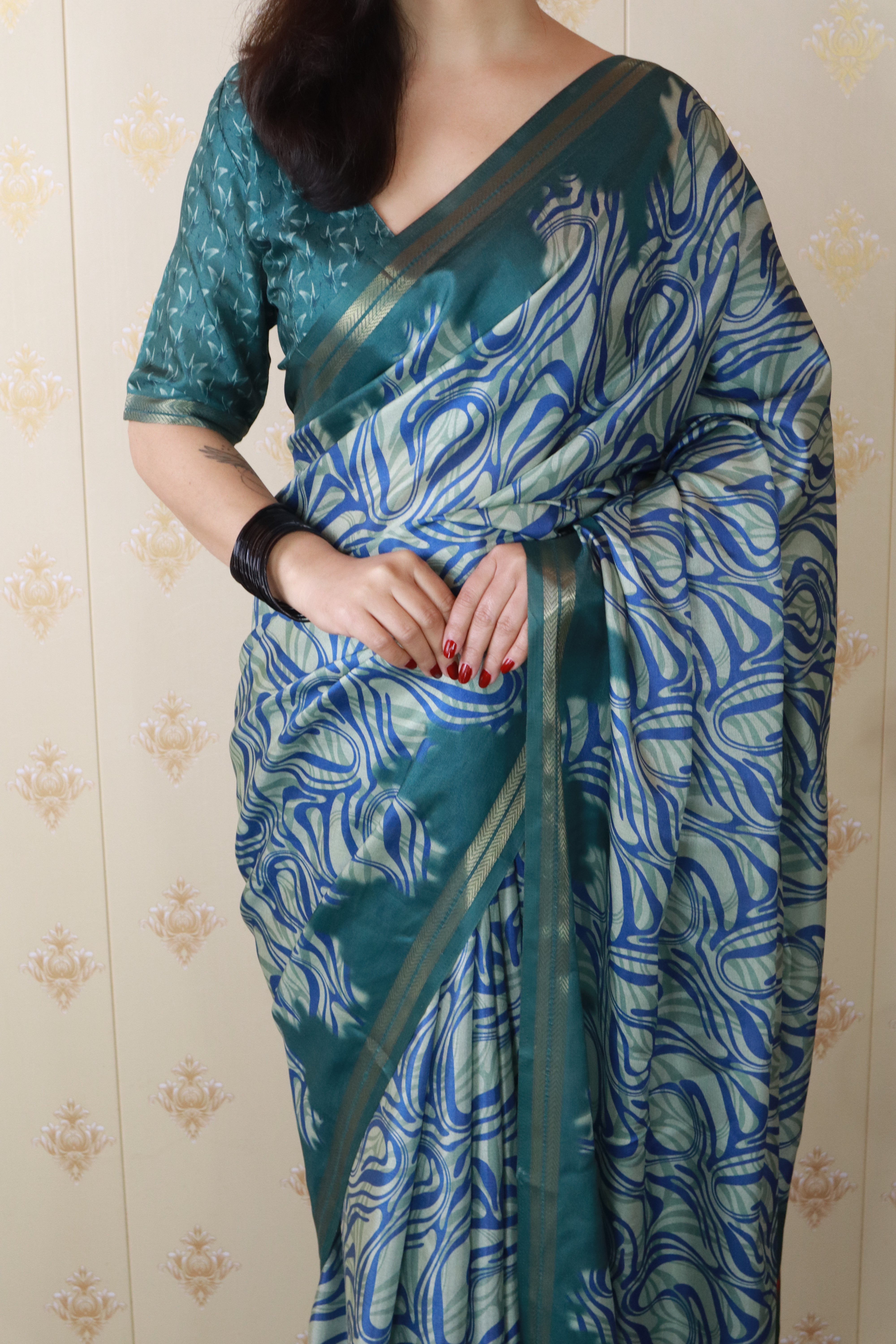 Blue Soft Tussar Silk Abstract Party Wear Printed Zari Woven Saree