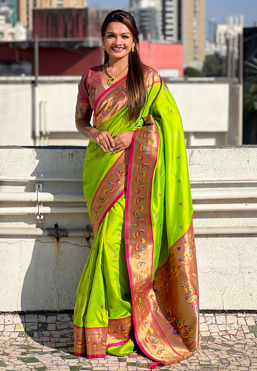 Parrot Green Zari Woven Tiny Nath Meenakari Contrast Yeola Paithani Silk Saree
