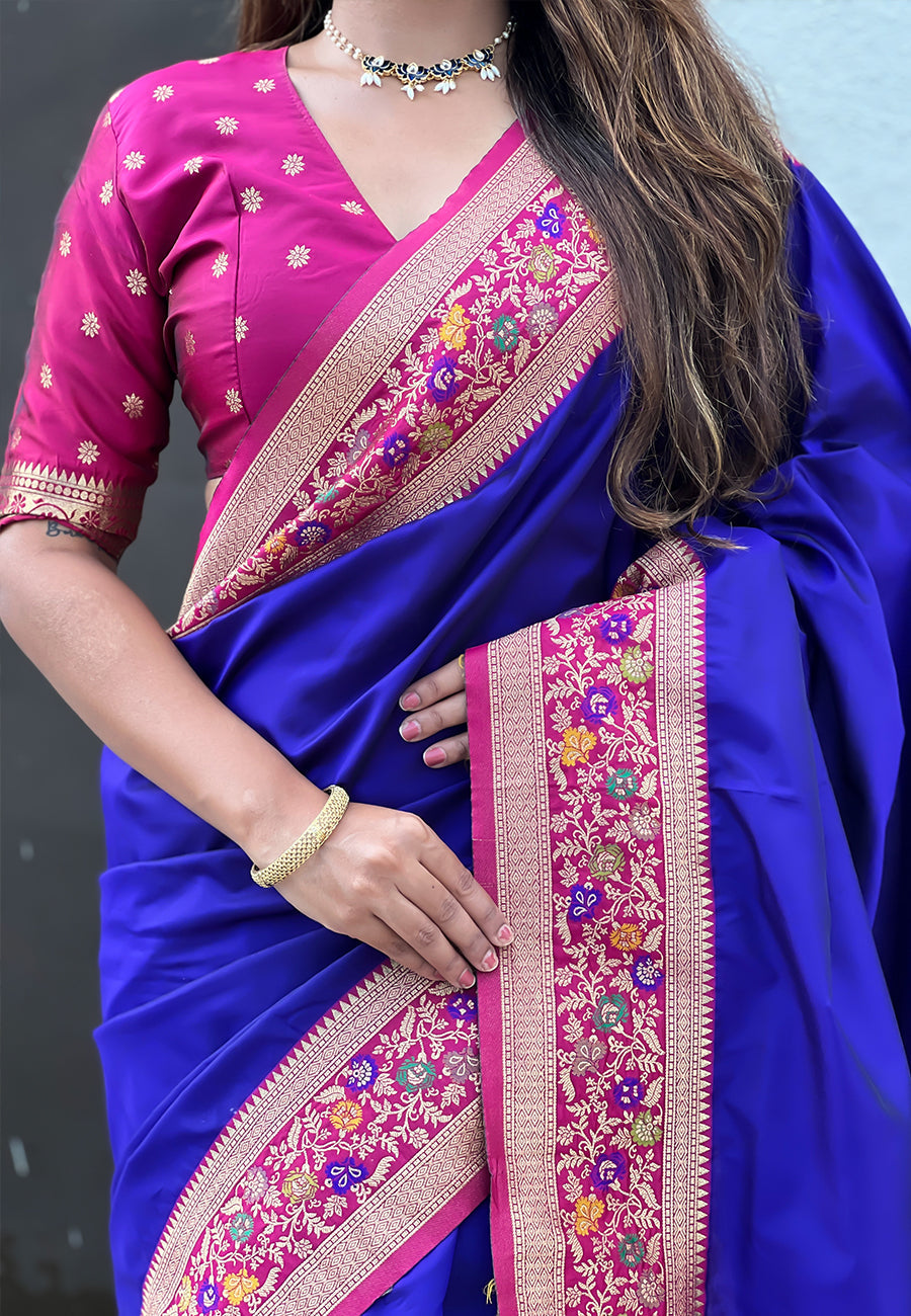 Violet Gala Silk Saree with Paithani Pallu Kadiyal Zari Woven Saree