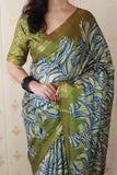 Green Soft Tussar Silk Abstract Party Wear Printed Zari Woven Saree
