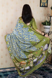 Green Soft Tussar Silk Abstract Party Wear Printed Zari Woven Saree