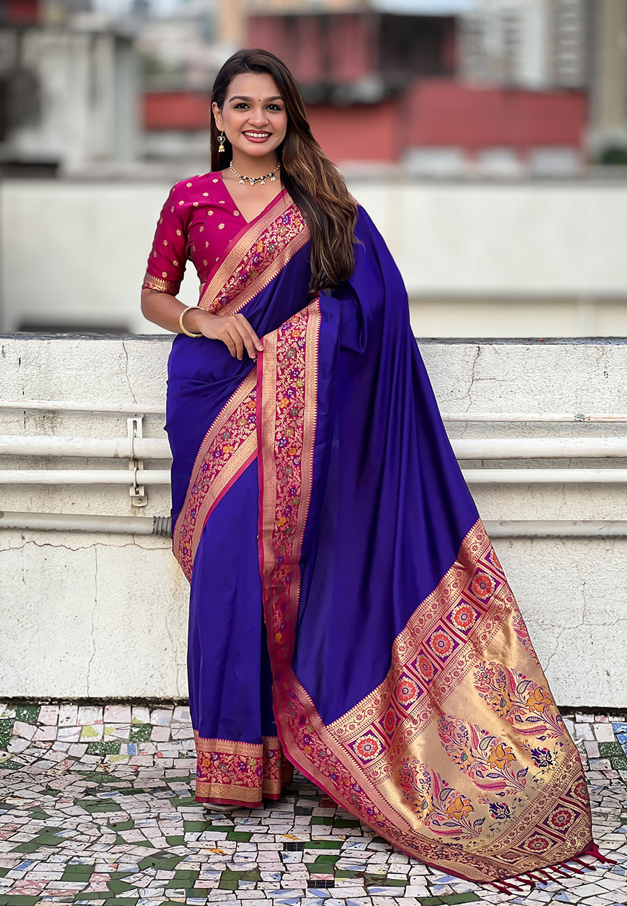 Violet Gala Silk Saree with Paithani Pallu Kadiyal Zari Woven Saree