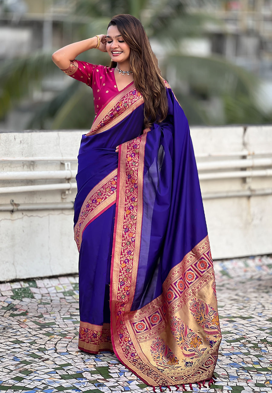 Violet Gala Silk Saree with Paithani Pallu Kadiyal Zari Woven Saree