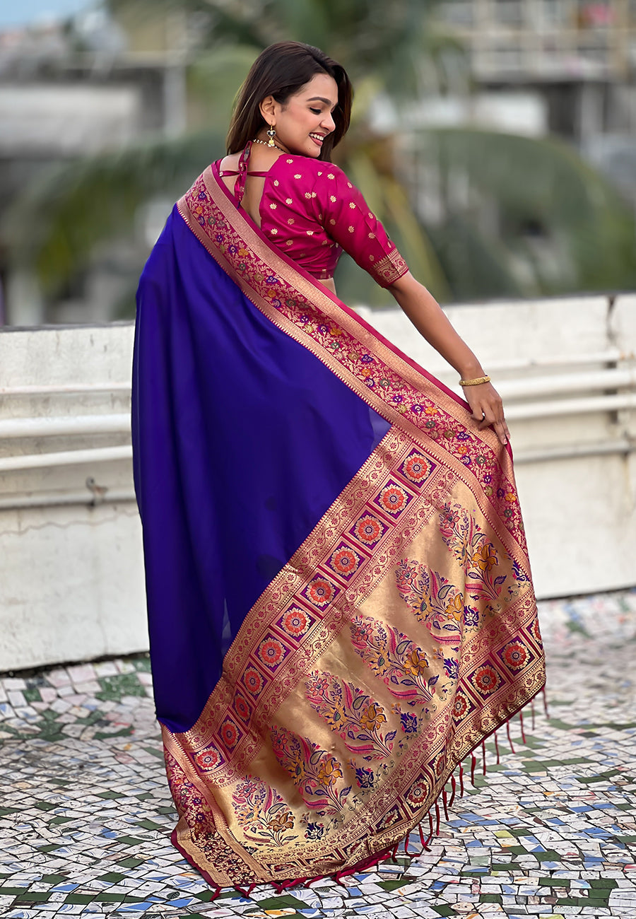 Violet Gala Silk Saree with Paithani Pallu Kadiyal Zari Woven Saree