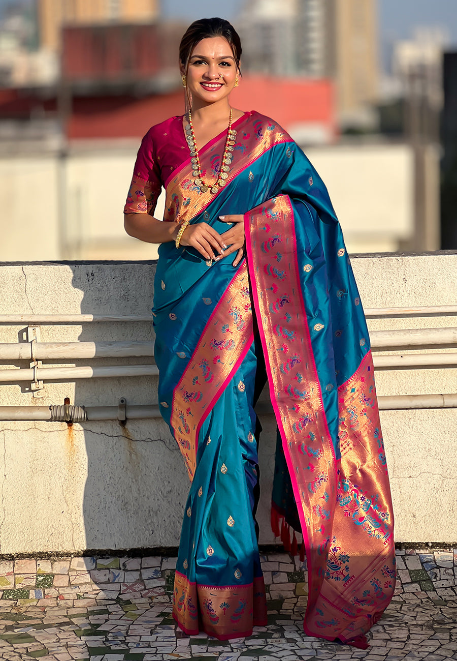 Blue Zari Woven Tiny Nath Meenakari Contrast Yeola Paithani Silk Saree