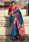 Blue Zari Woven Tiny Nath Meenakari Contrast Yeola Paithani Silk Saree
