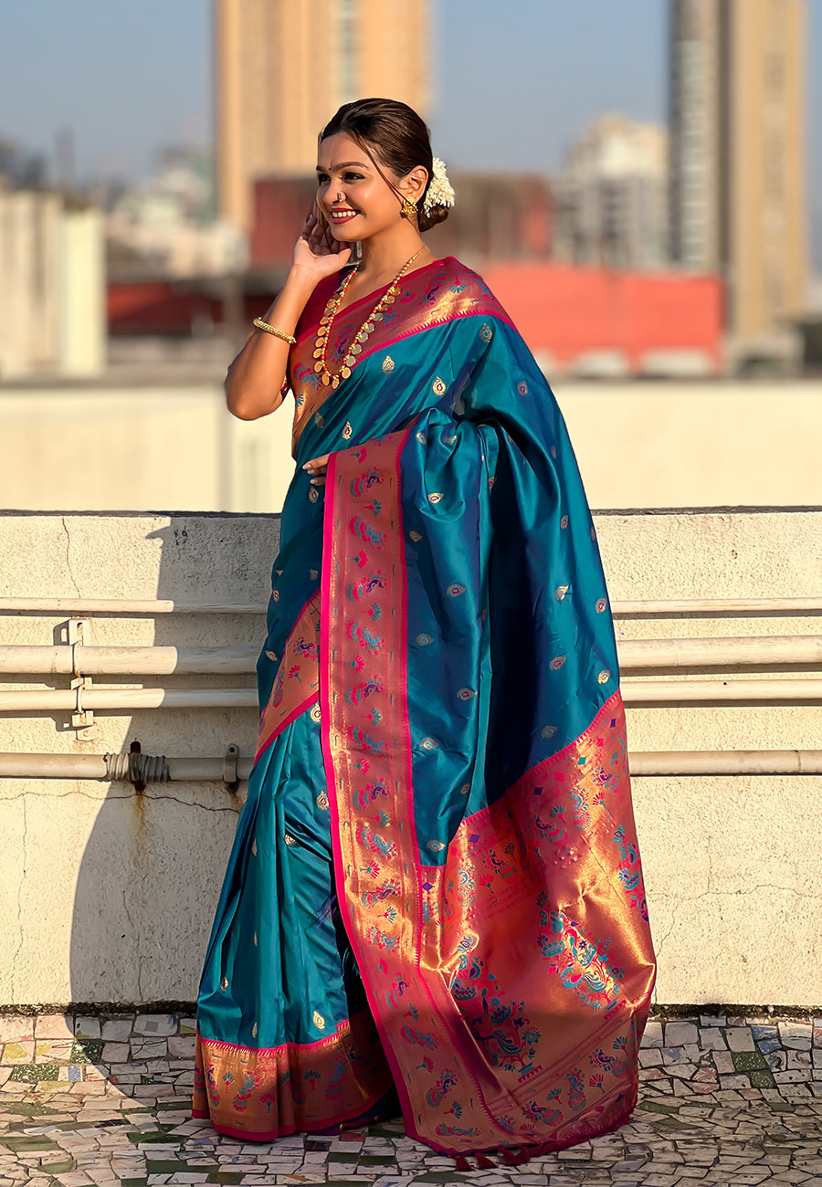 Blue Zari Woven Tiny Nath Meenakari Contrast Yeola Paithani Silk Saree
