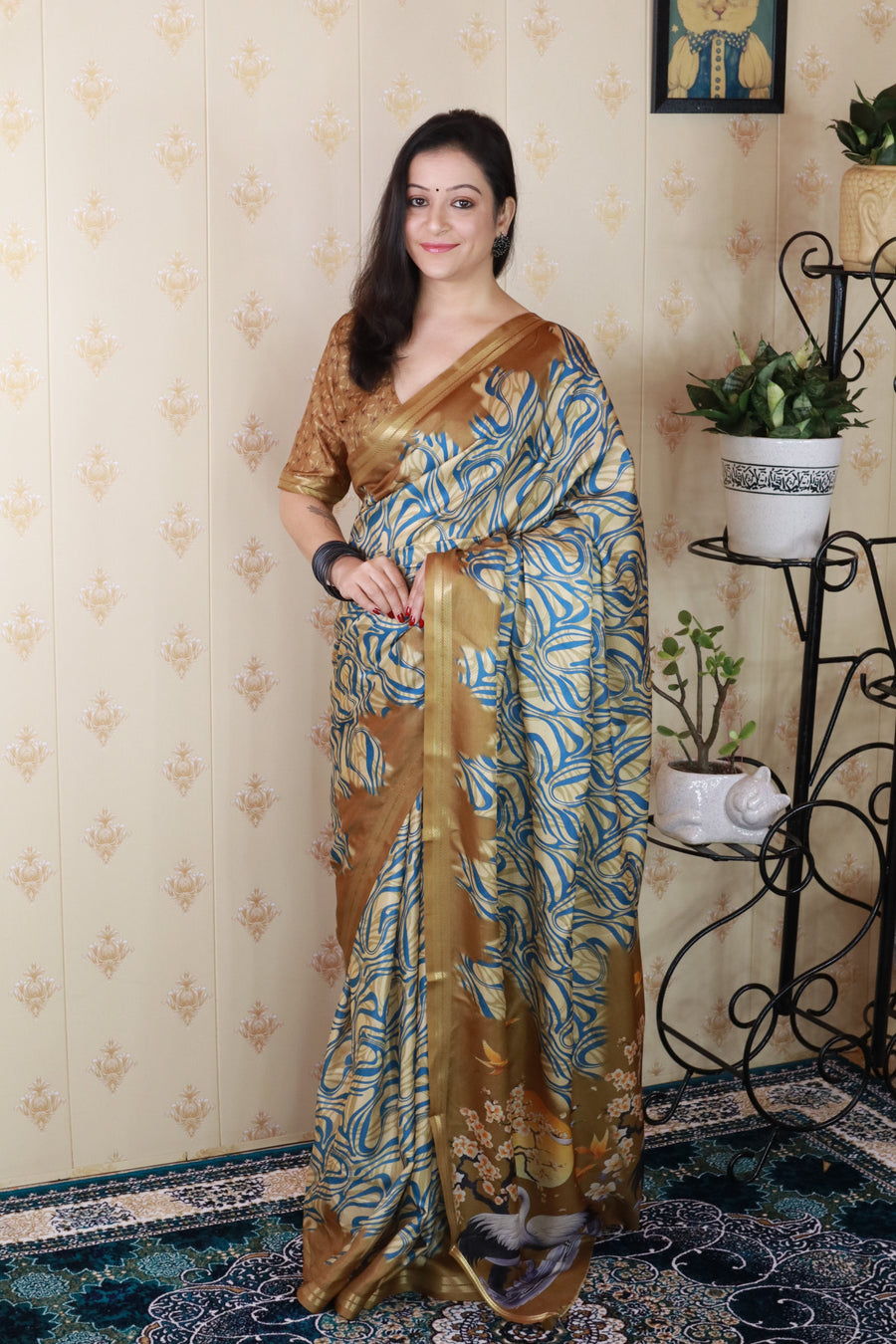 Gold Soft Tussar Silk Abstract Party Wear Printed Zari Woven Saree
