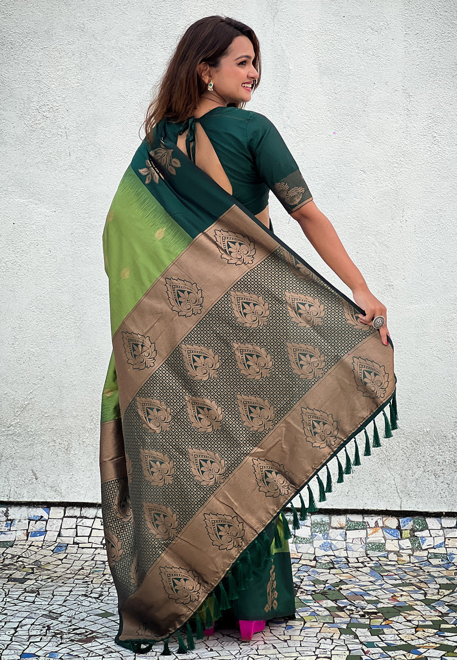 Iguana Green Soft Silk Floral Border Contrast Zari Woven Saree