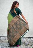 Iguana Green Soft Silk Floral Border Contrast Zari Woven Saree
