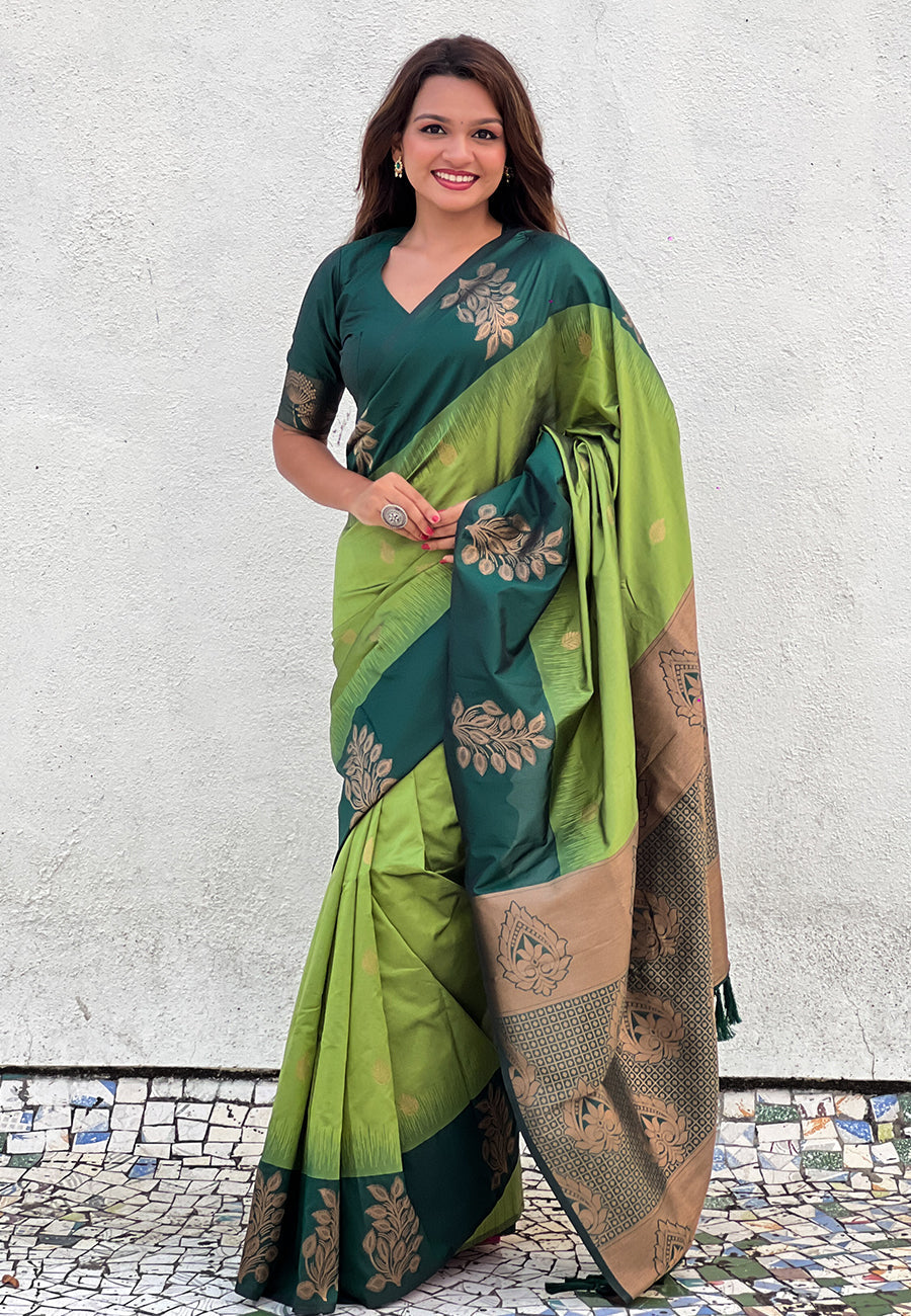 Iguana Green Soft Silk Floral Border Contrast Zari Woven Saree