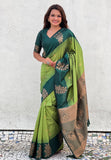 Iguana Green Soft Silk Floral Border Contrast Zari Woven Saree