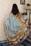 Gold Soft Tussar Silk Abstract Party Wear Printed Zari Woven Saree