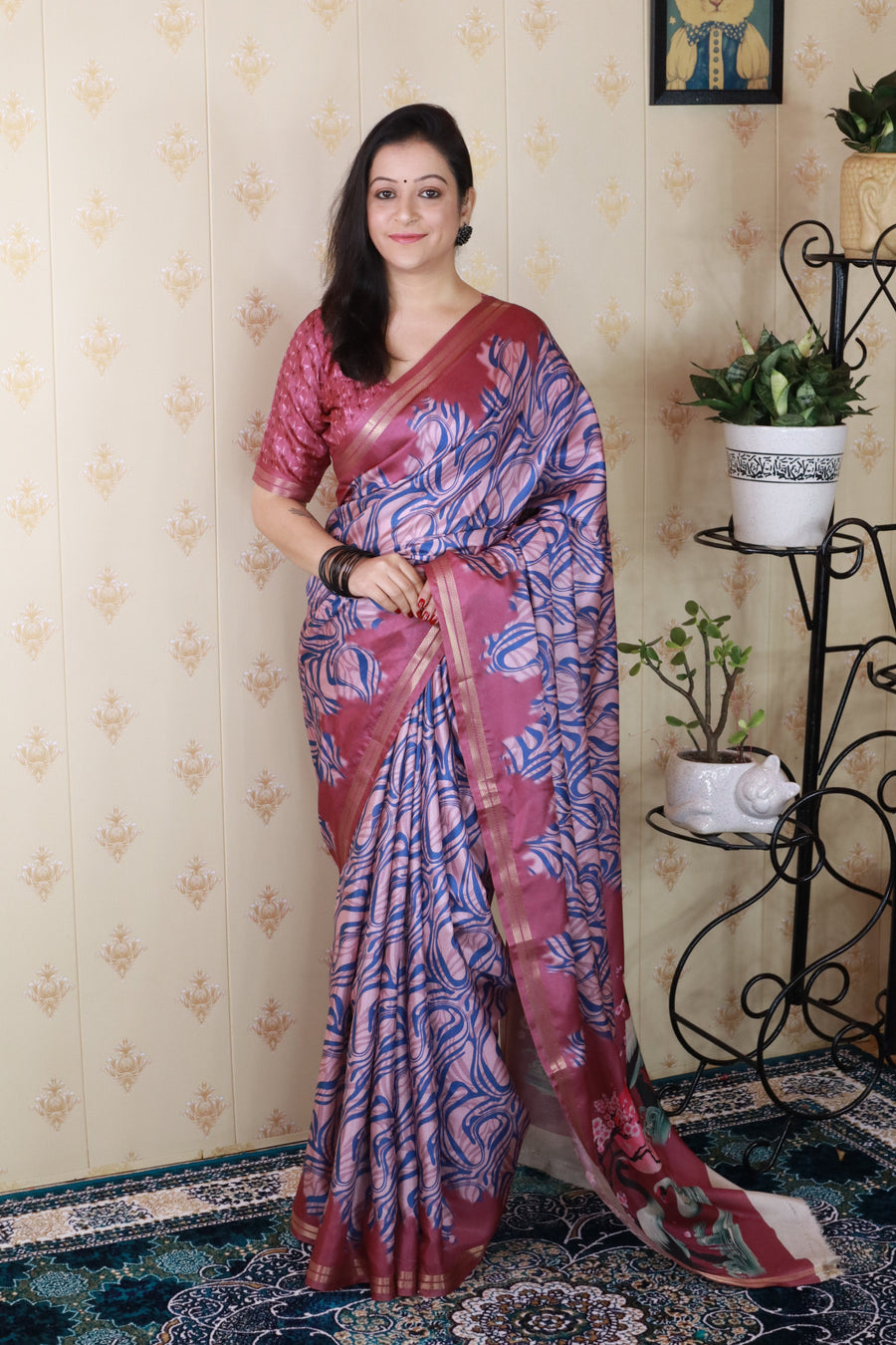 Pink Soft Tussar Silk Abstract Party Wear Printed Zari Woven Saree