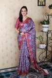 Pink Soft Tussar Silk Abstract Party Wear Printed Zari Woven Saree
