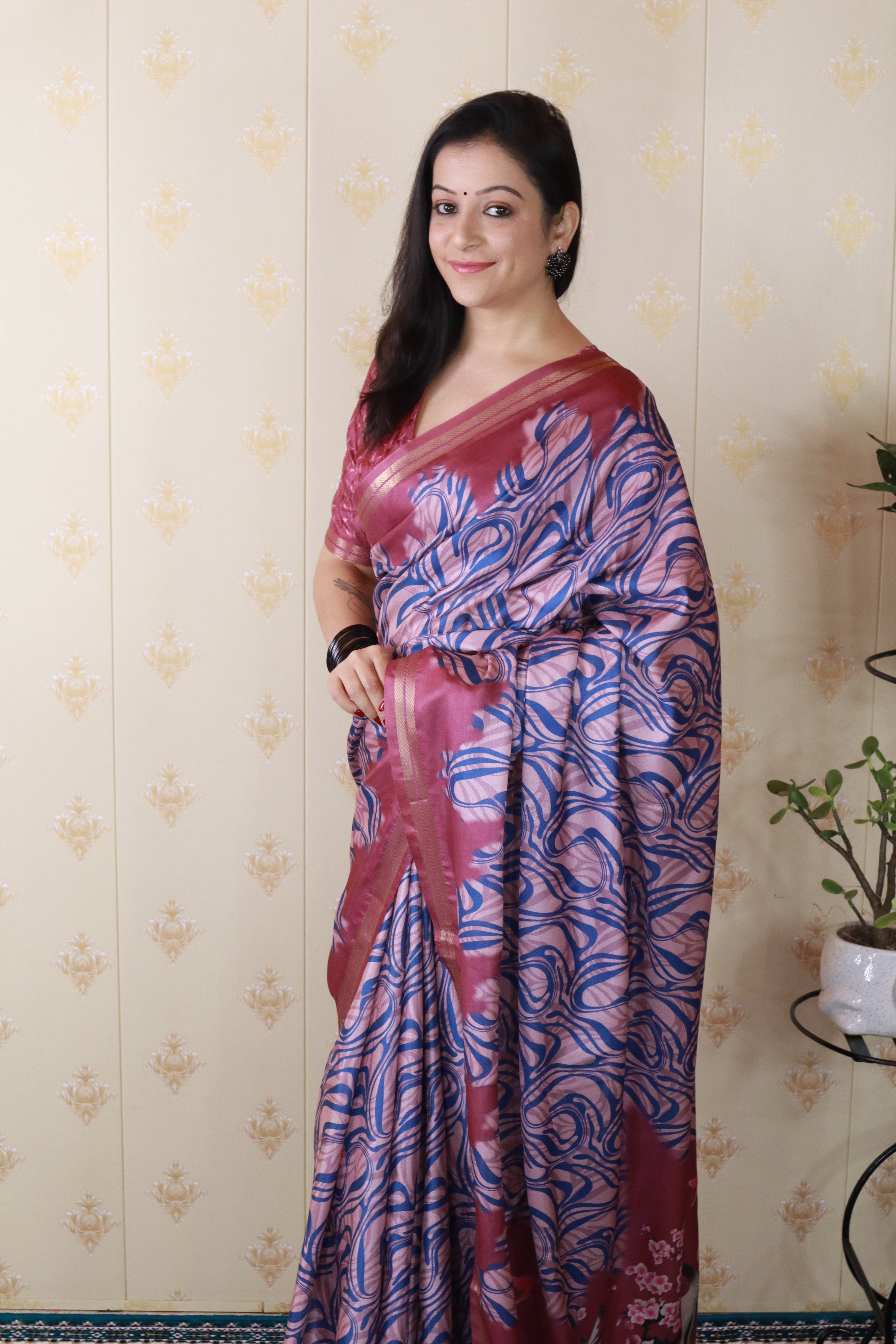 Pink Soft Tussar Silk Abstract Party Wear Printed Zari Woven Saree