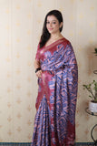 Pink Soft Tussar Silk Abstract Party Wear Printed Zari Woven Saree