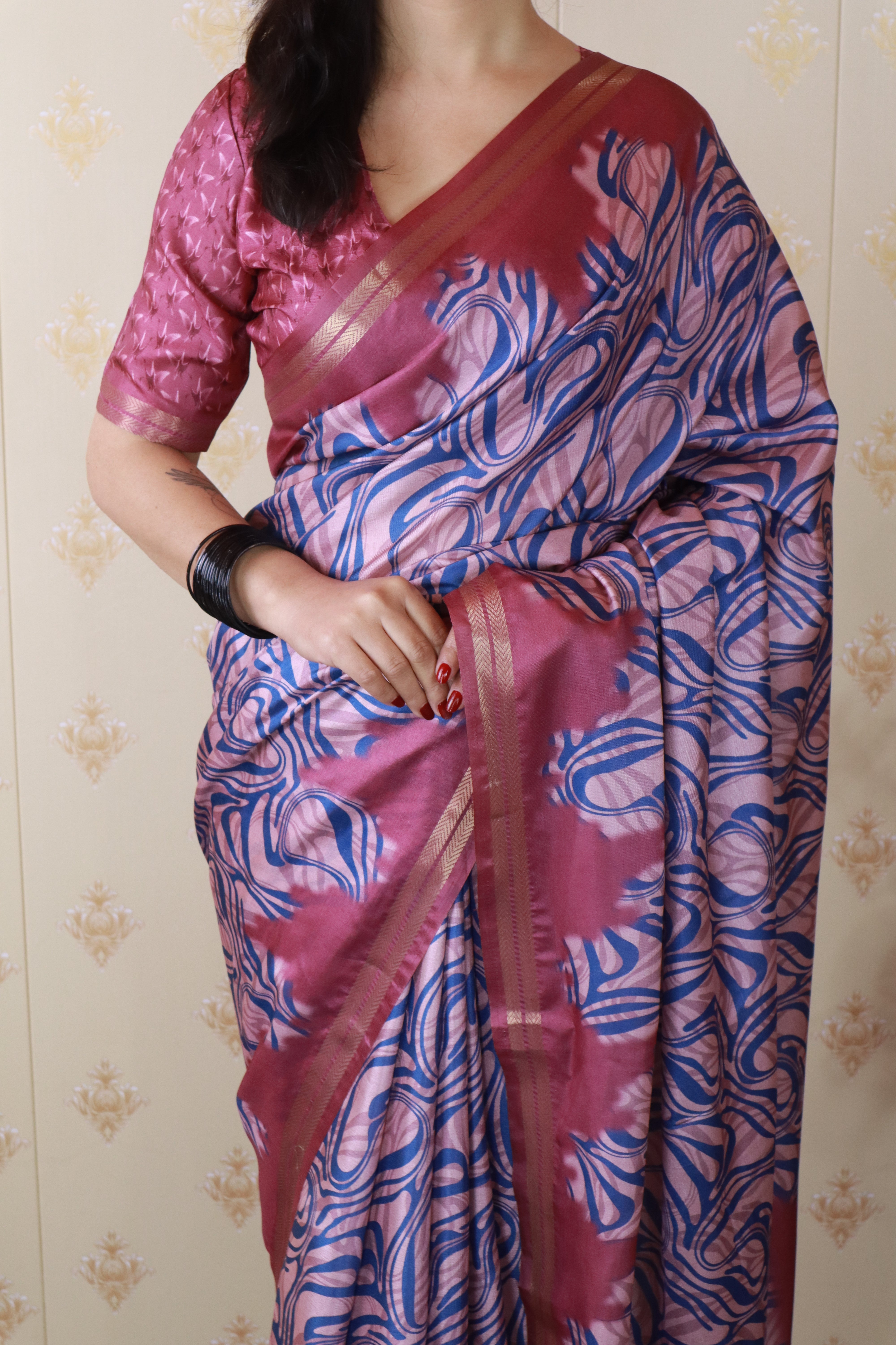 Pink Soft Tussar Silk Abstract Party Wear Printed Zari Woven Saree