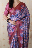 Pink Soft Tussar Silk Abstract Party Wear Printed Zari Woven Saree
