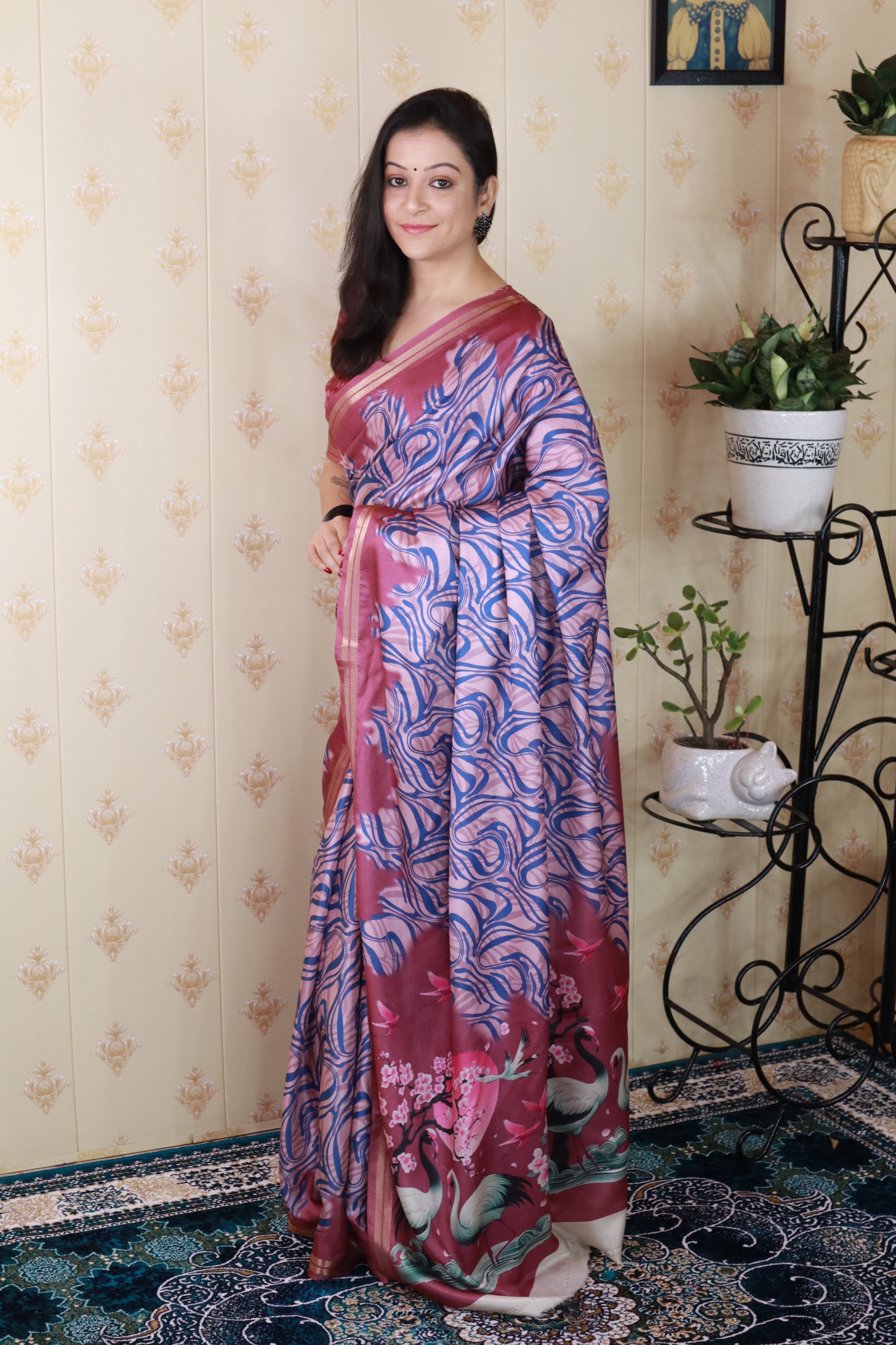 Pink Soft Tussar Silk Abstract Party Wear Printed Zari Woven Saree