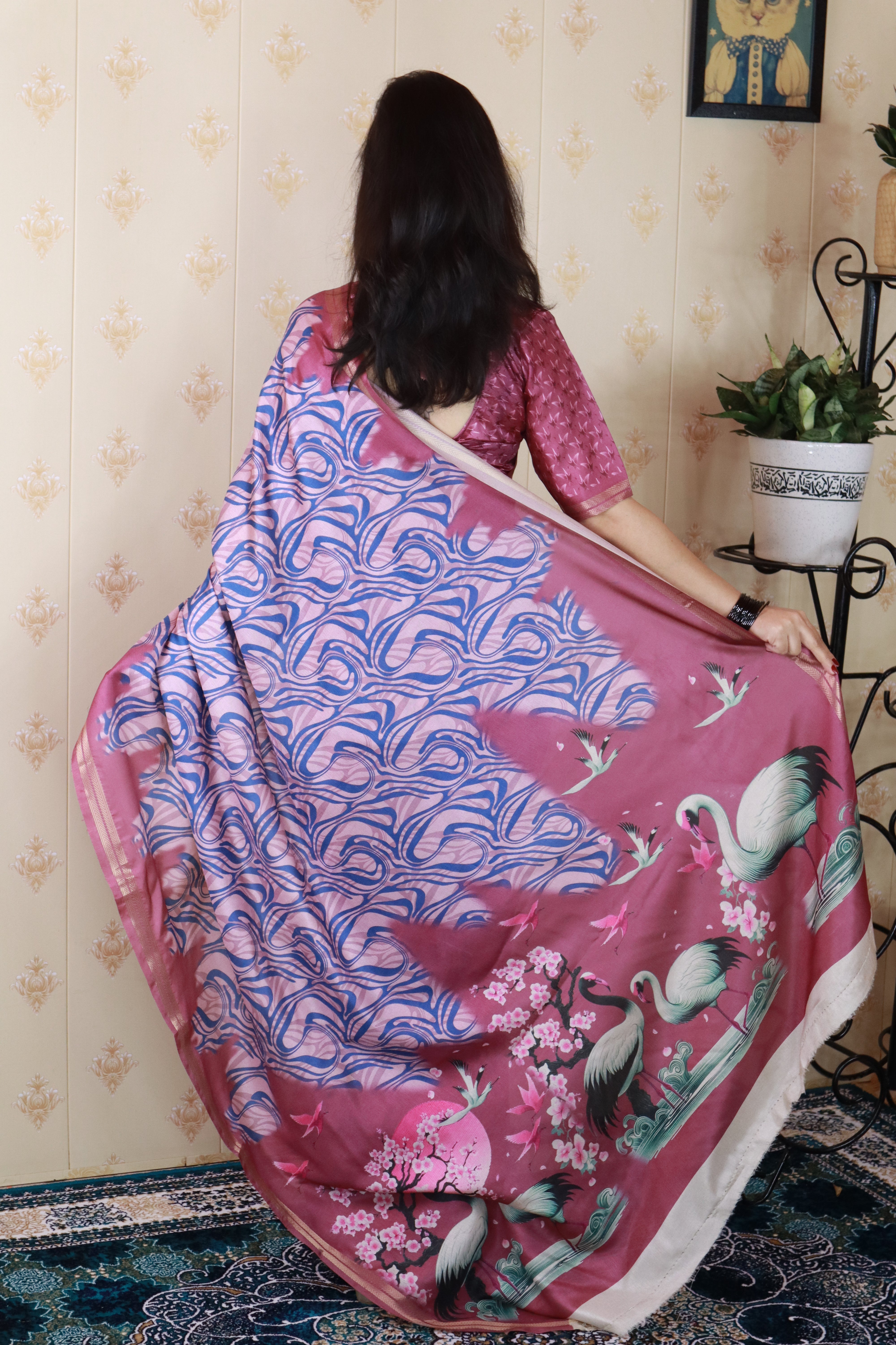 Pink Soft Tussar Silk Abstract Party Wear Printed Zari Woven Saree