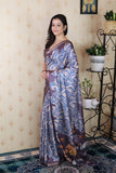 Grey Soft Tussar Silk Abstract Party Wear Printed Zari Woven Saree