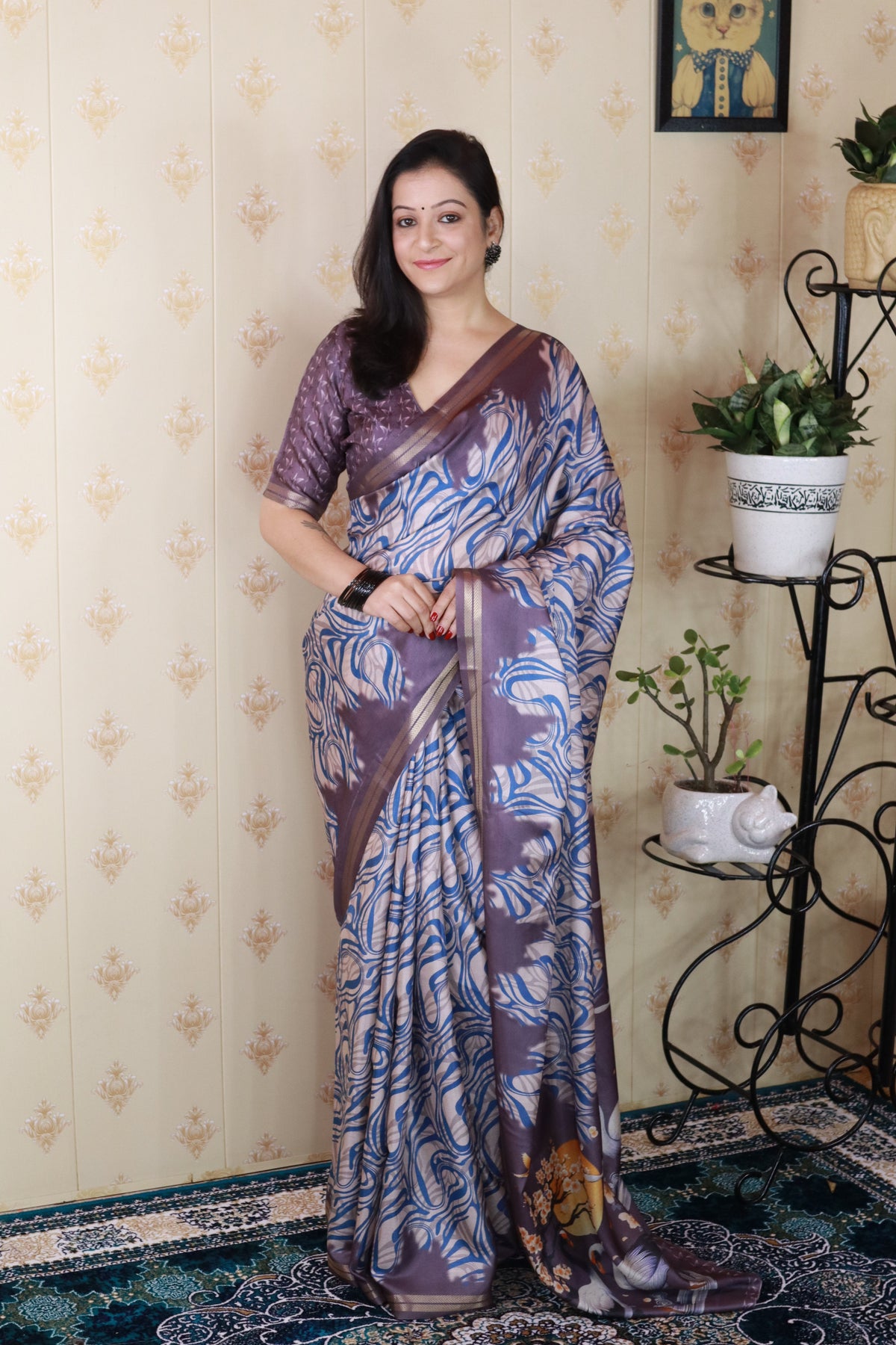 Grey Soft Tussar Silk Abstract Party Wear Printed Zari Woven Saree