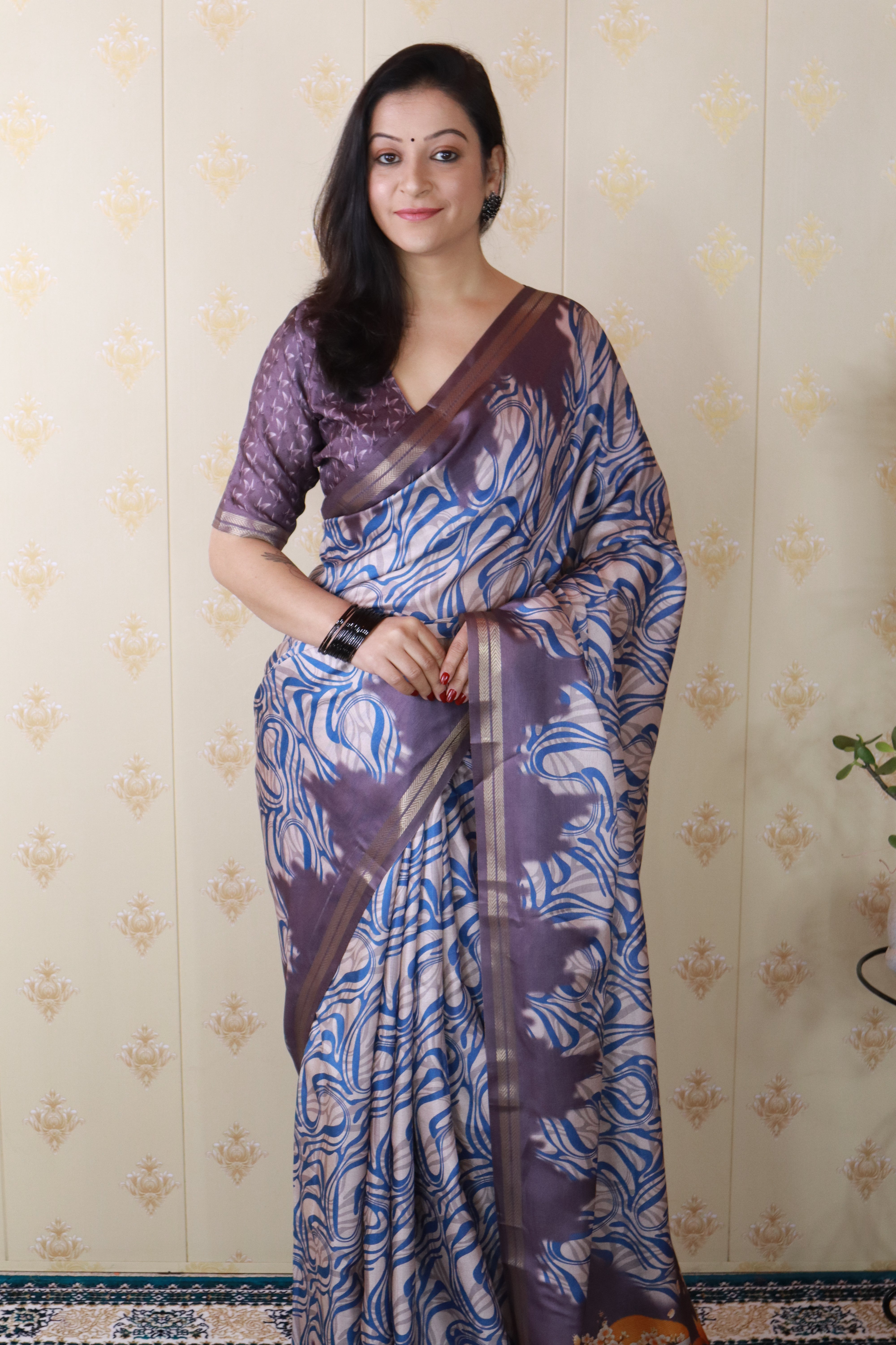 Grey Soft Tussar Silk Abstract Party Wear Printed Zari Woven Saree