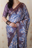 Grey Soft Tussar Silk Abstract Party Wear Printed Zari Woven Saree