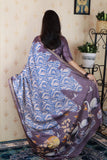 Grey Soft Tussar Silk Abstract Party Wear Printed Zari Woven Saree