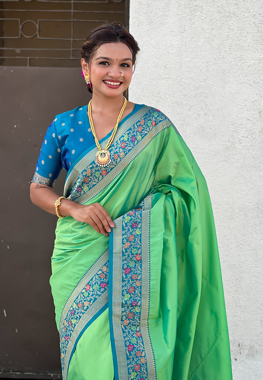 Pista Gala Silk Saree with Paithani Pallu Kadiyal Zari Woven Saree