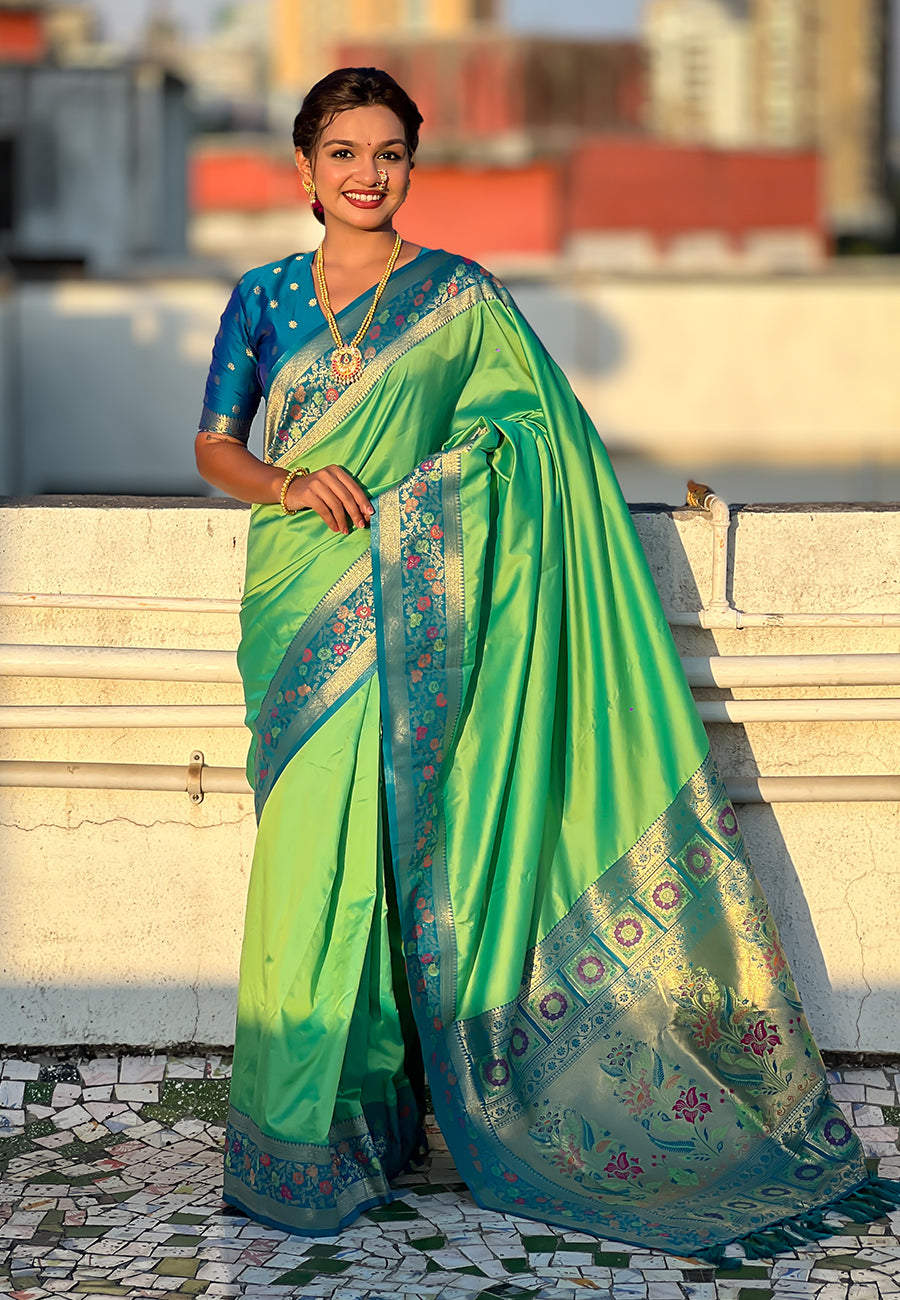 Pista Gala Silk Saree with Paithani Pallu Kadiyal Zari Woven Saree