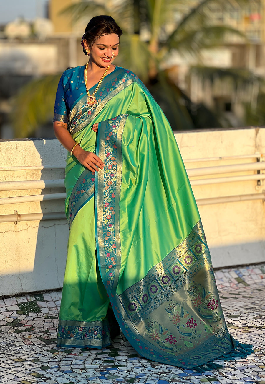 Pista Gala Silk Saree with Paithani Pallu Kadiyal Zari Woven Saree