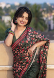 Bottle Green Kolam Silk Katha Printed Pushpa Saree