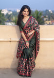Bottle Green Kolam Silk Katha Printed Pushpa Saree