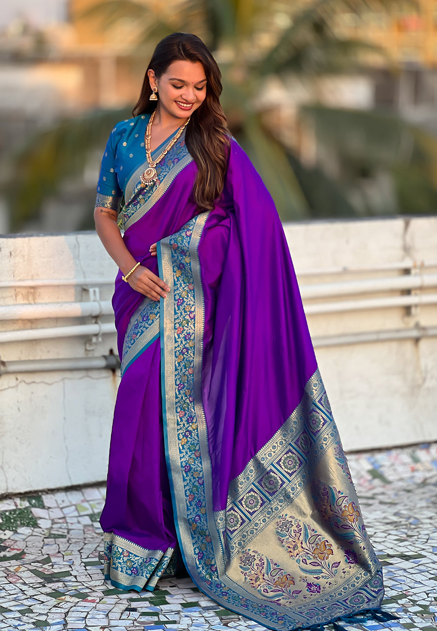 Purple Gala Silk Saree with Paithani Pallu Kadiyal Zari Woven Saree