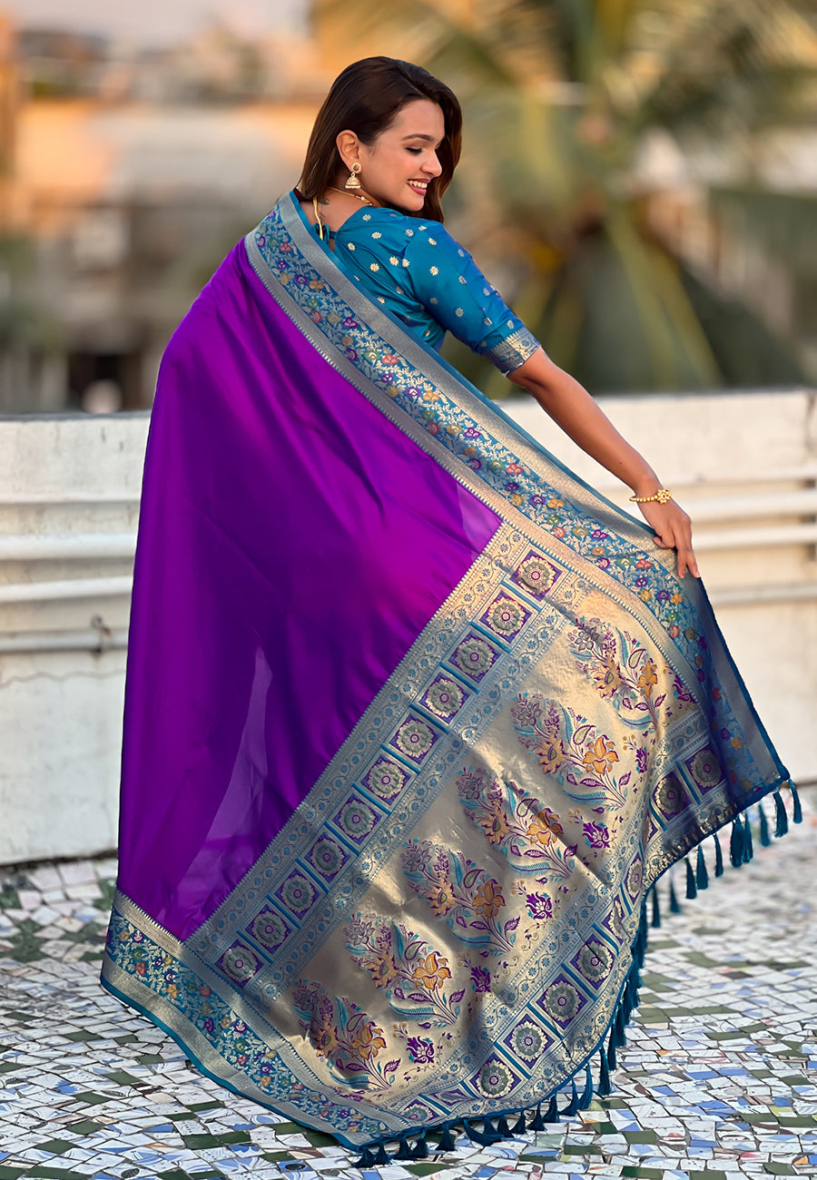 Purple Gala Silk Saree with Paithani Pallu Kadiyal Zari Woven Saree
