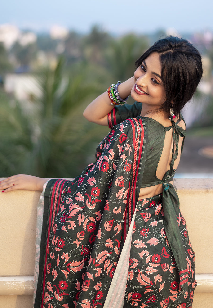 Bottle Green Kolam Silk Katha Printed Pushpa Saree
