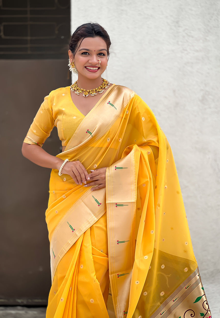 Yellow Organza Paithani Zari Woven Saree