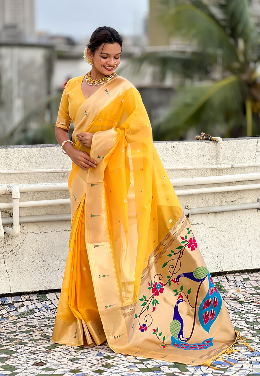 Yellow Organza Paithani Zari Woven Saree