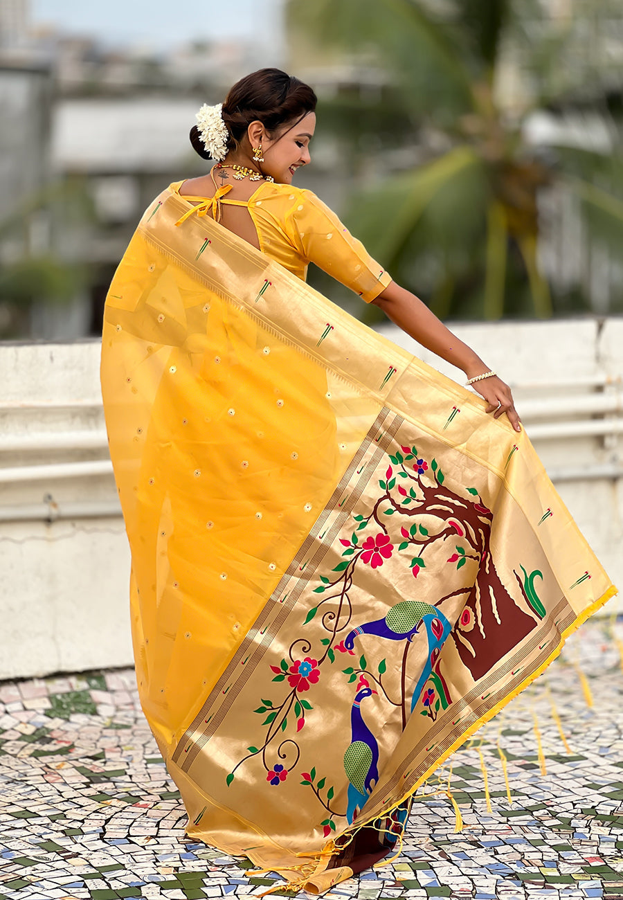 Yellow Organza Paithani Zari Woven Saree