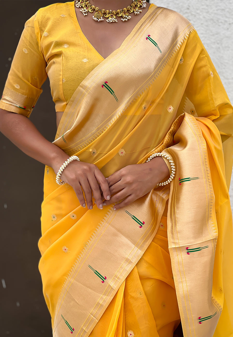 Yellow Organza Paithani Zari Woven Saree